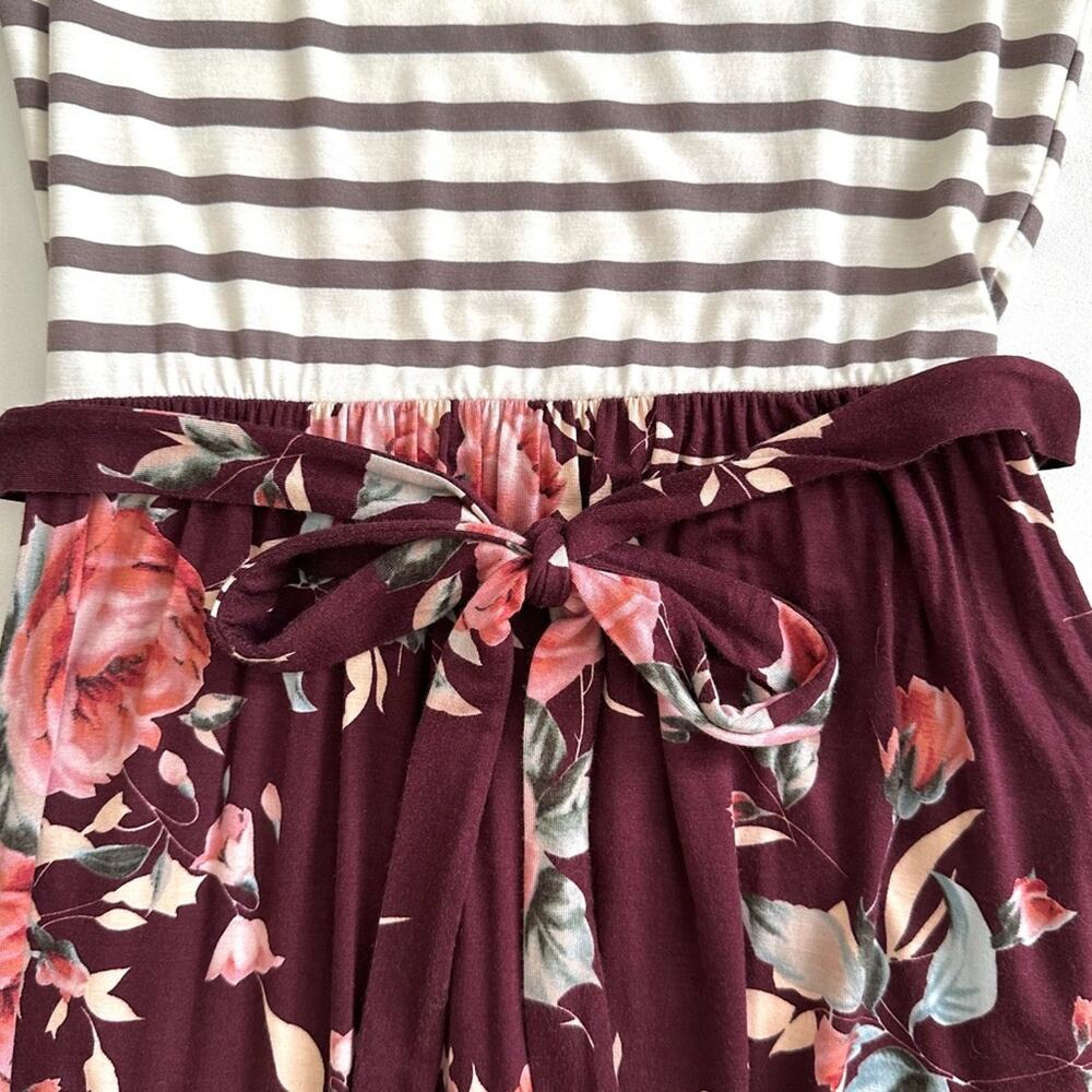 Lux & Co Bernice 2fer Knit Burgundy Tan Stripe Floral Pockets Maxi Dress XS NEW - Picture 11 of 13